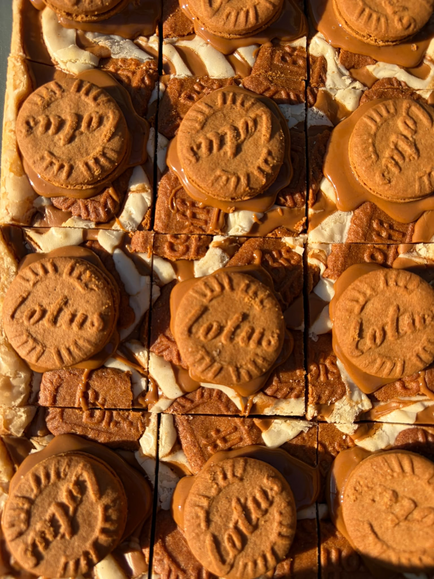 Tray of Biscoff blondies cut into squares, topped with Lotus biscuits