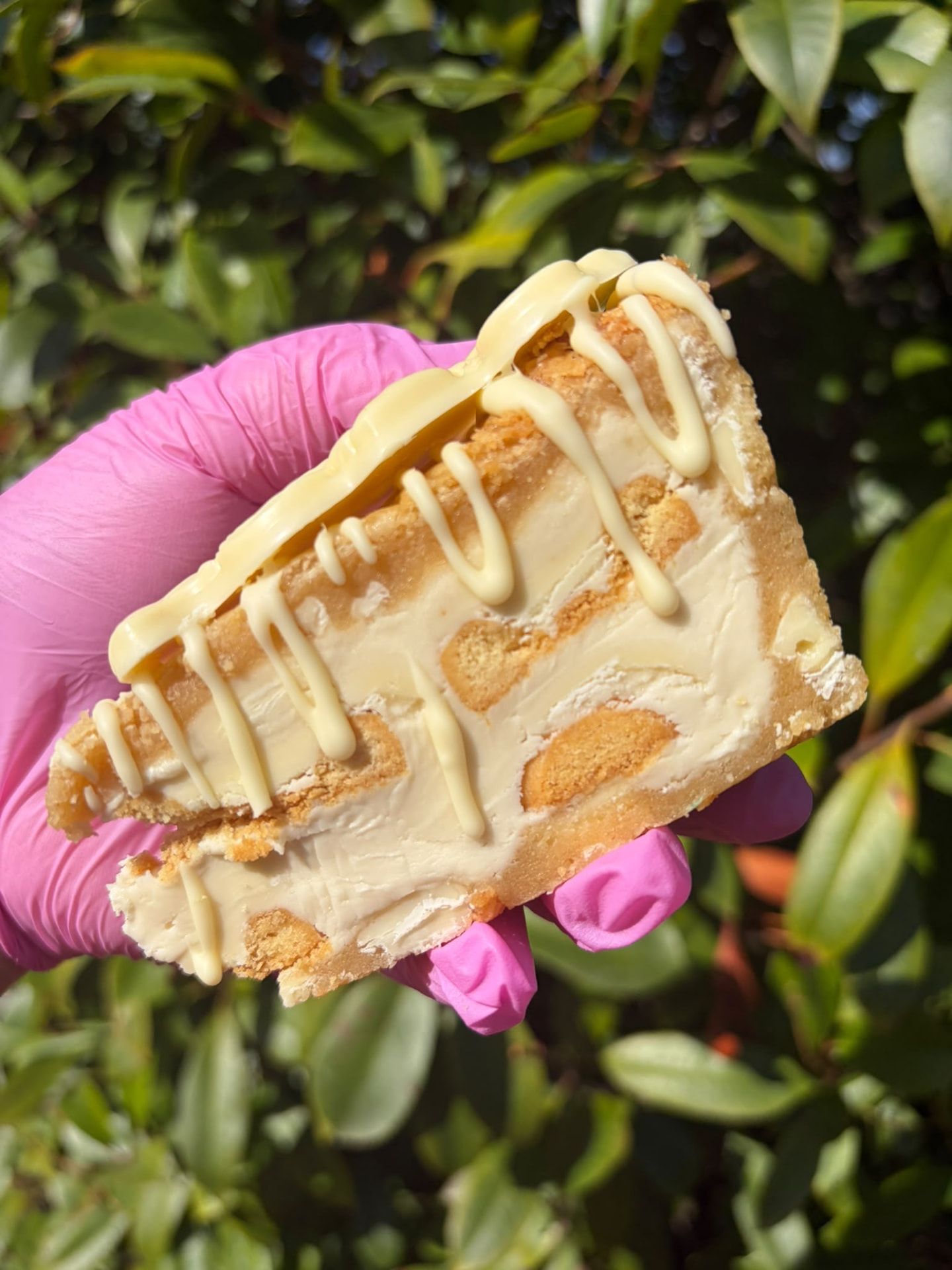 Thick slice of white chocolate cookie pie from the Egham Cake Shed